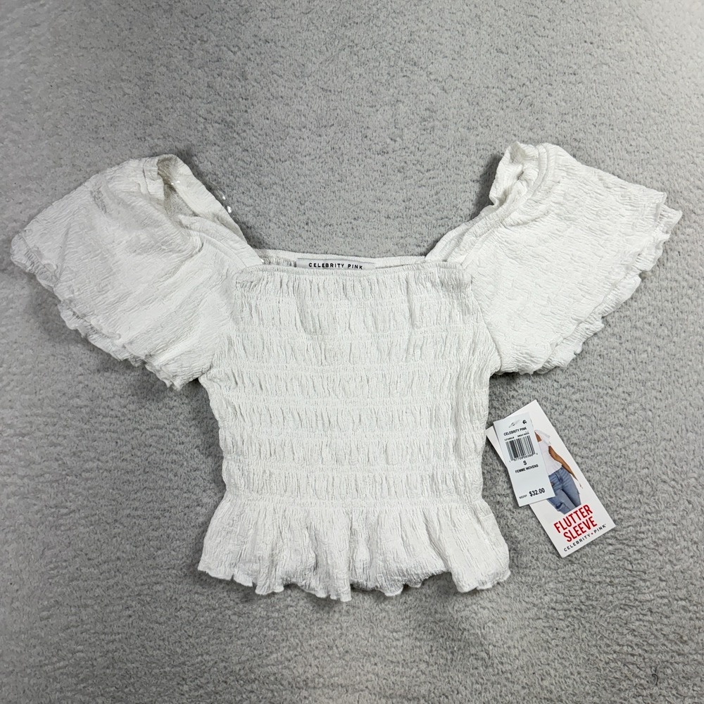 Celebrity Pink Women Top White Flutter Sleeve Scrunch Crop Square Neck Sz S NWT
